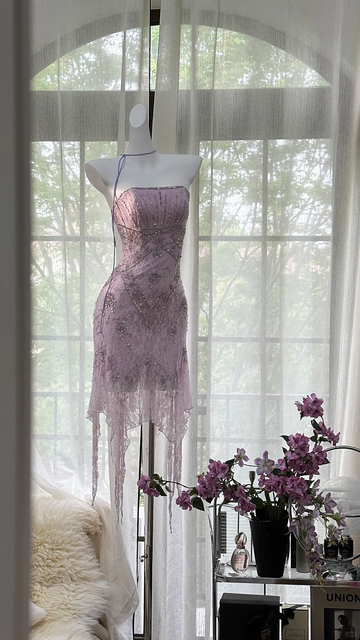 Stunning A Line Strapless Purple Rhinestone Lace Short Homecoming Dress Birthday Dress HZ1023